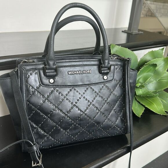 Michael Kors Black Quilted Leather Studded Satchel Crossbody Handbag - Picture 1 of 12